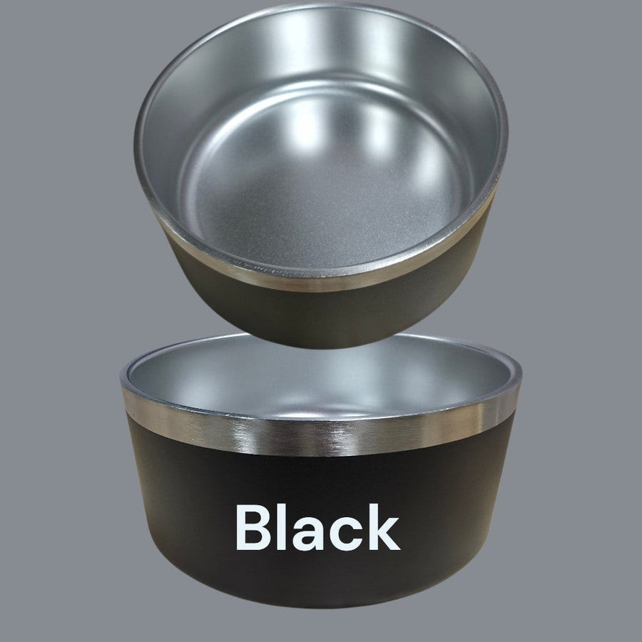 Mountain Imprint Studio matte black stainless steel pet bowl with a polished silver rim, shown from two angles.