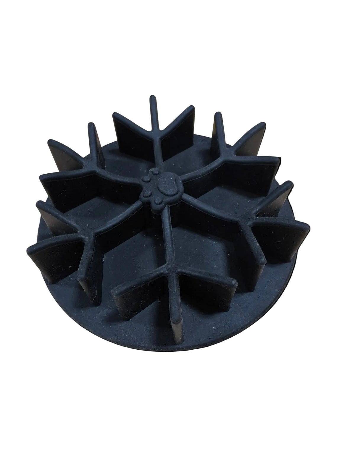 Mountain Imprint Studio black silicone slow feeder bowl insert with a snowflake-like design for pet digestion.