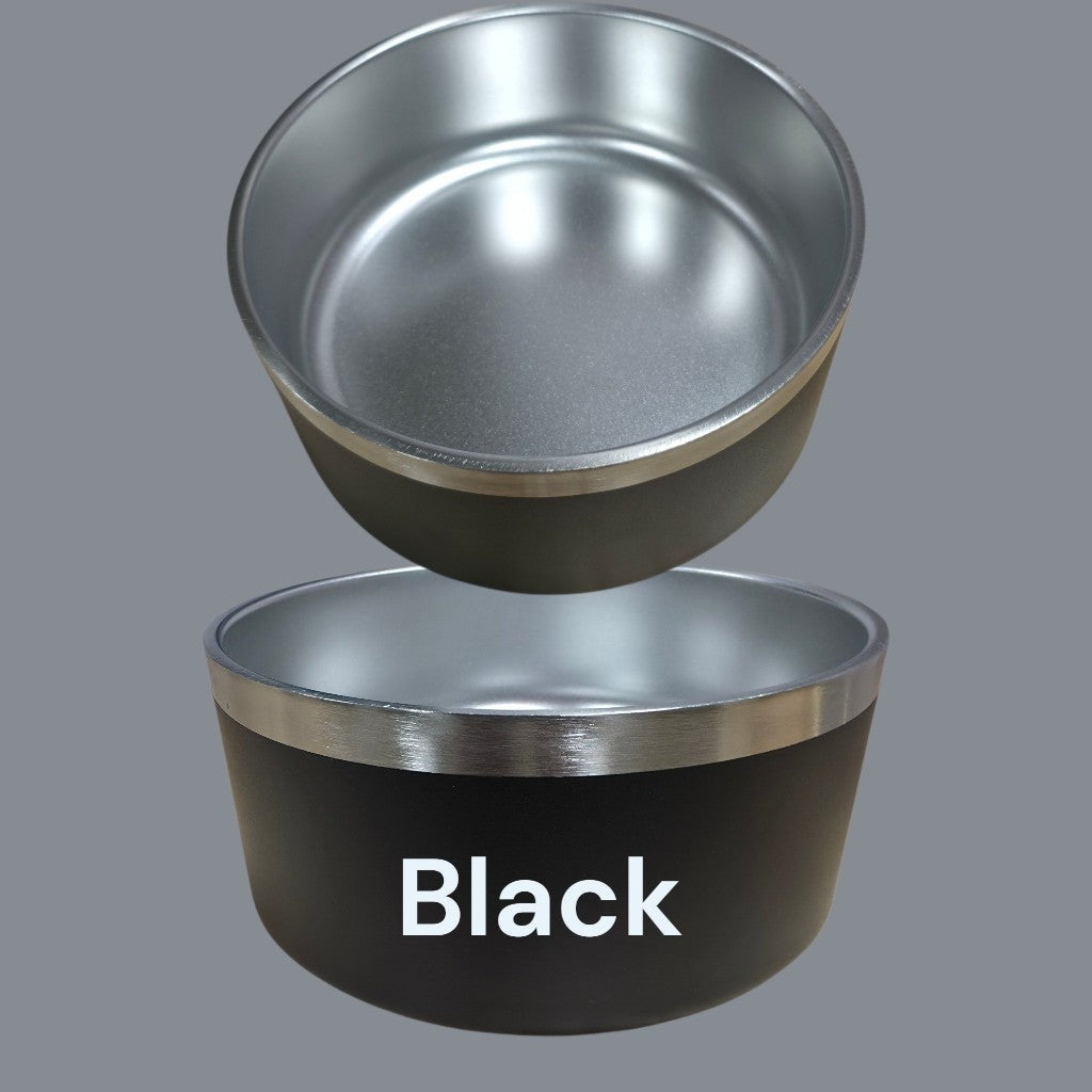 Mountain Imprint Studio matte black stainless steel pet bowl with a polished silver rim, shown from two angles.