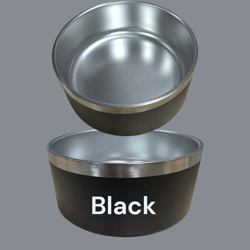 Mountain Imprint Studio matte black stainless steel pet bowl with a polished silver rim, shown from two angles.